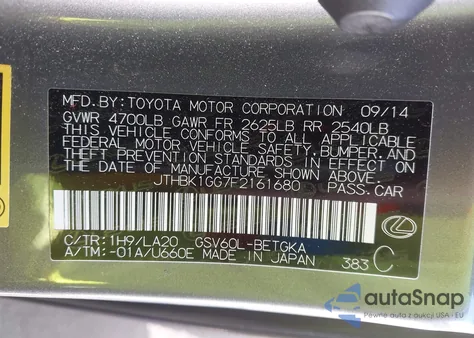 2015 Lexus Es 350 z USA, uszkodzony, nr VIN JTHBK1GG7F2161680